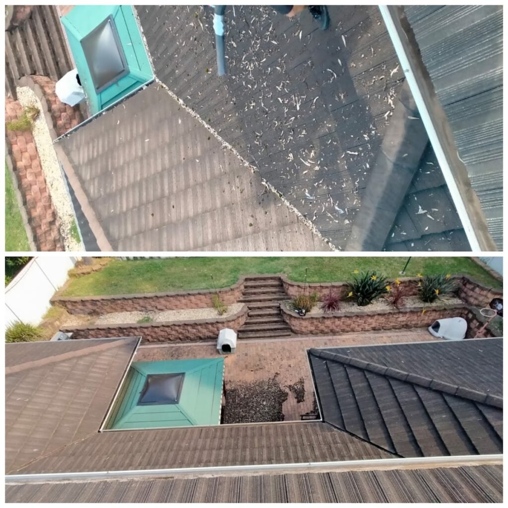 Aerial before and after photo of a tiled roof gutter cleared of leaf litter and debris by Spotfree Illawarra