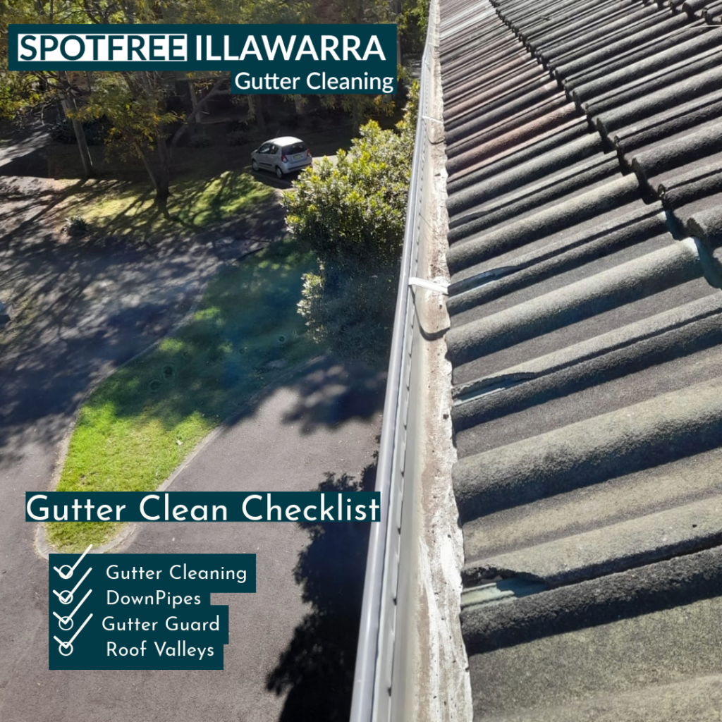 Spotfree Illawarra gutter cleaning checklist graphic listing gutter cleaning, downpipes, gutter guard and roof valleys